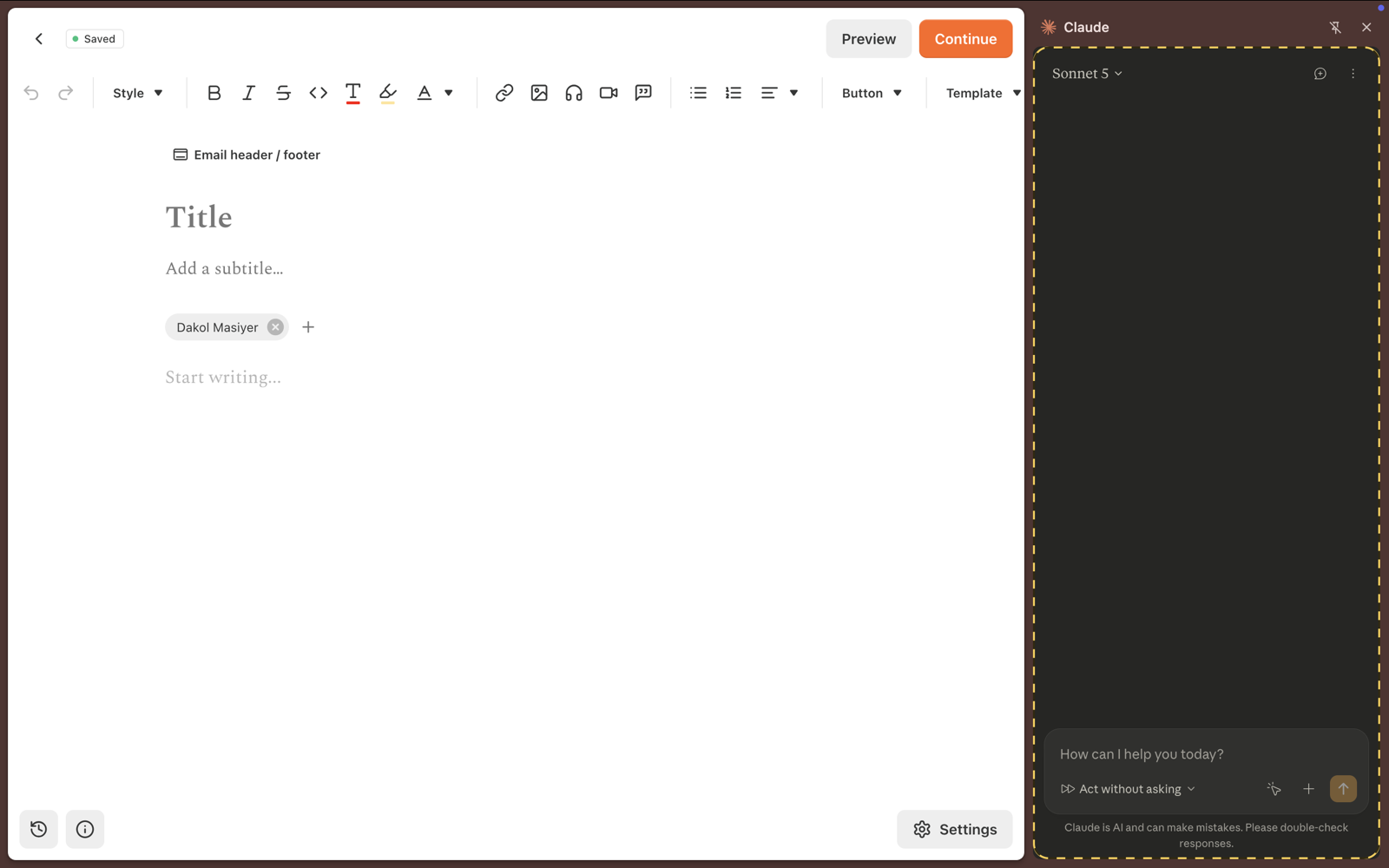Claude in Chrome's side panel, open and connected on the Substack page