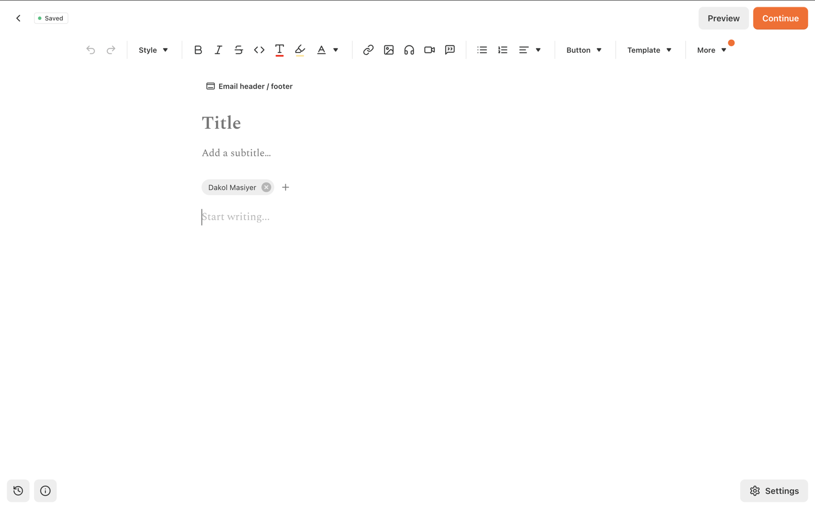 The Substack draft editor, empty, before the agent touches it